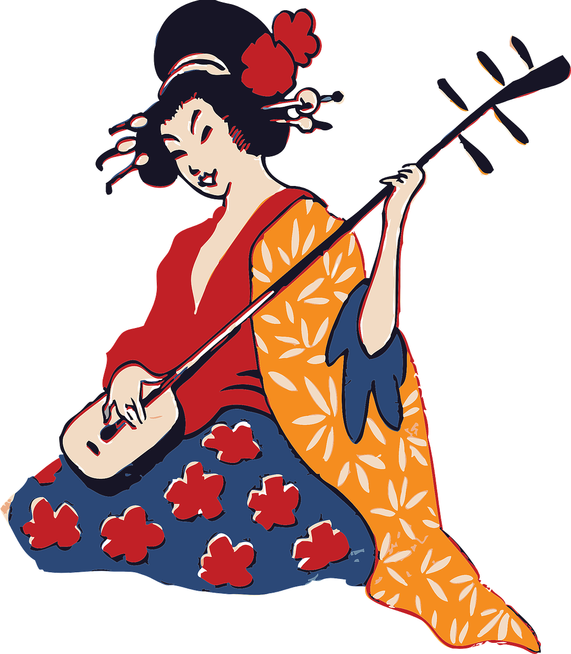 Traditional Japanese Geisha Playing Shamisen PNG