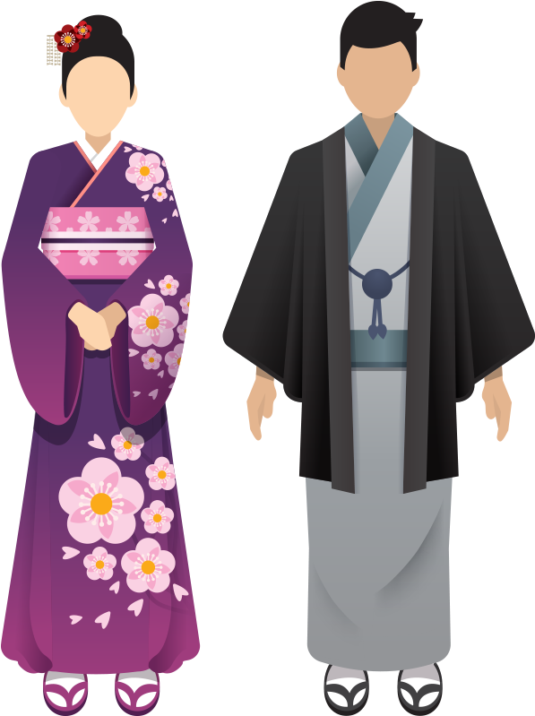 Traditional Japanese Kimono Couple Illustration PNG