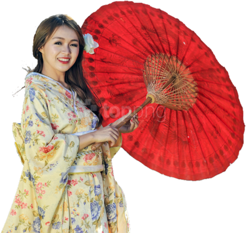 Traditional Japanese Kimonoand Red Umbrella PNG