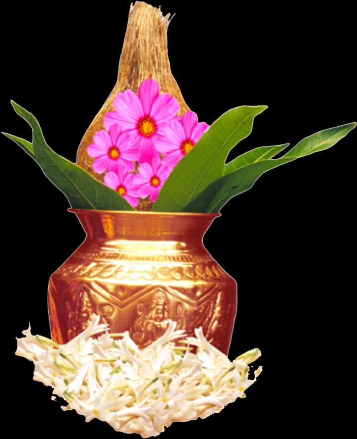 Traditional Kalash With Flowers And Coconut PNG