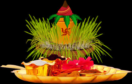 Traditional Kalash With Puja Items PNG