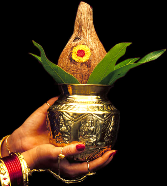 Traditional Kalashwith Coconutand Leaves PNG