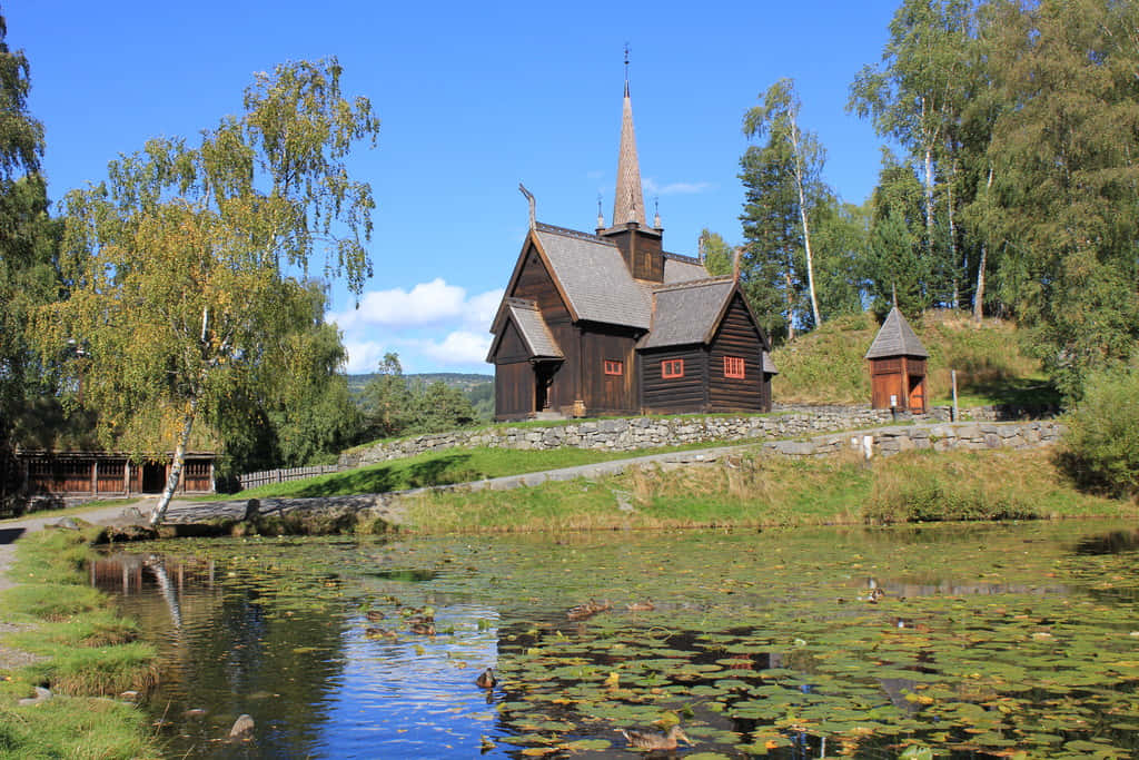 Traditional Norwegian Stave Church Lillehammer Wallpaper
