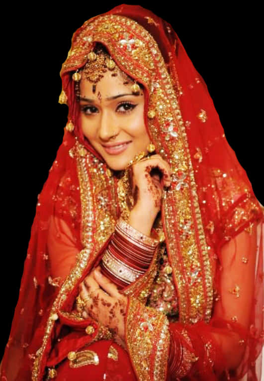 Traditional Red Bridal Saree Model PNG