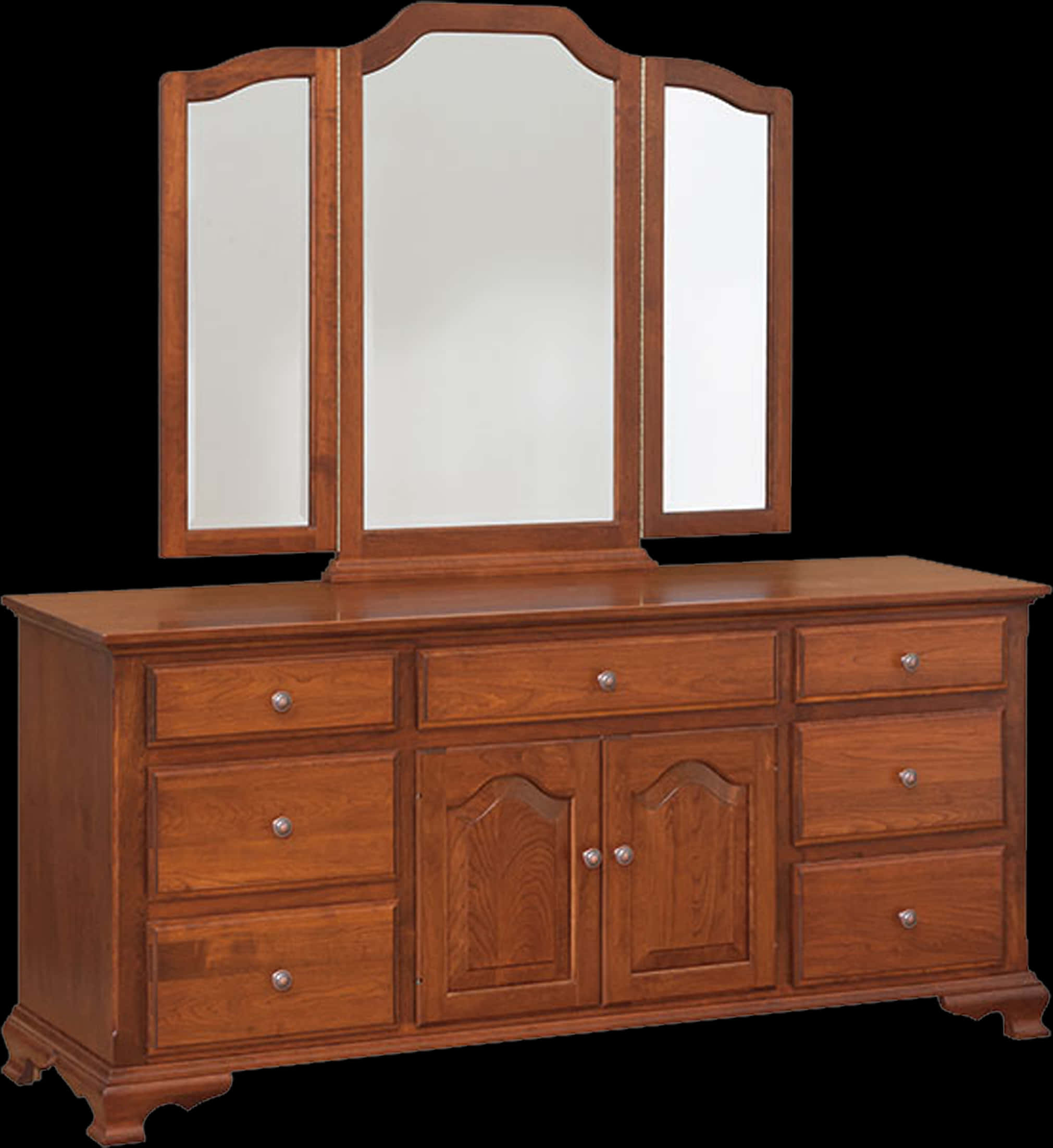Traditional Wooden Dresserwith Triple Mirror PNG
