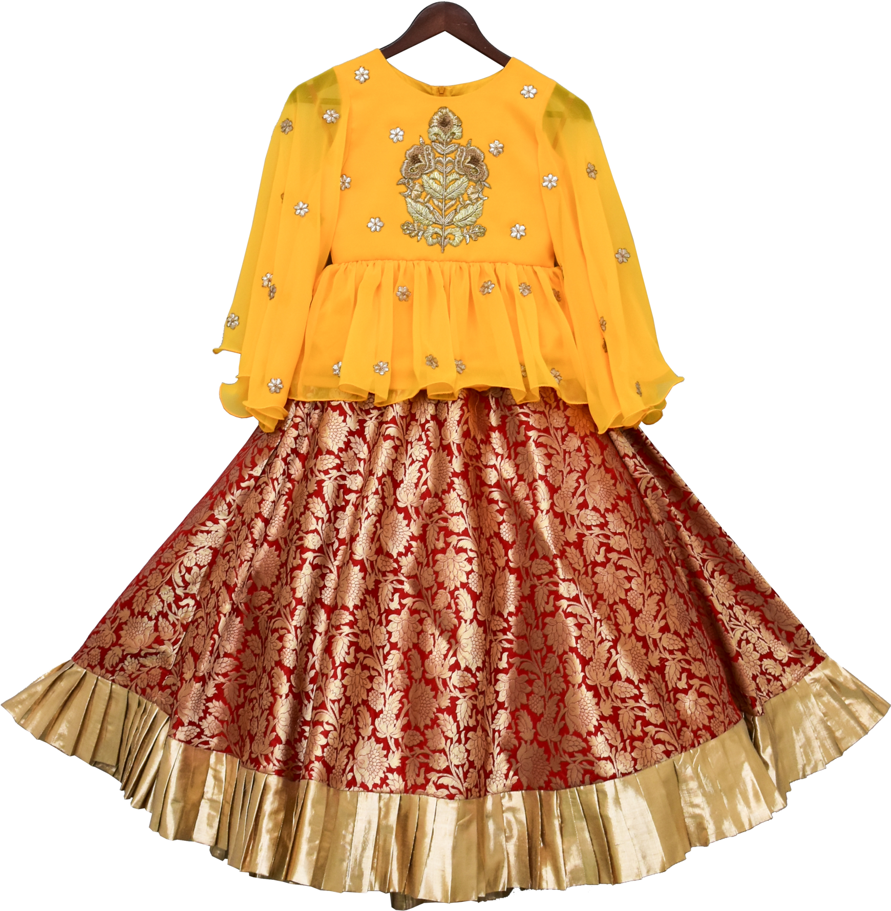Traditional Yellow Blouse Red Lehenga Gold Trim PNG
