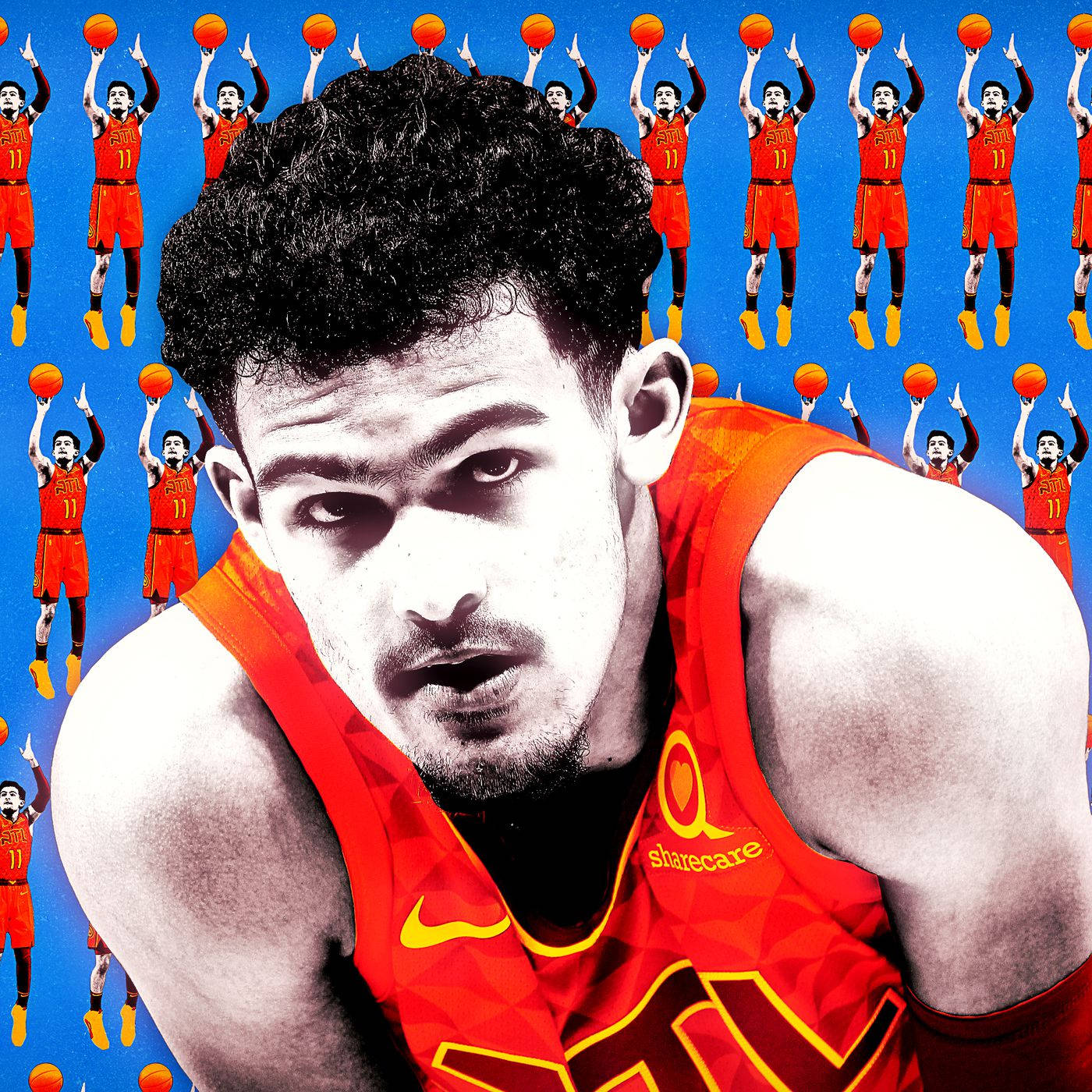 Trae Young Retro Blue Patterned Wallpaper