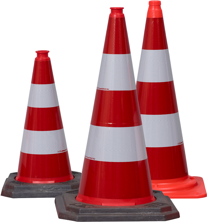 Traffic Safety Cones Array PNG — Three red and white traffic cones with reflective stripes stand against a black background.