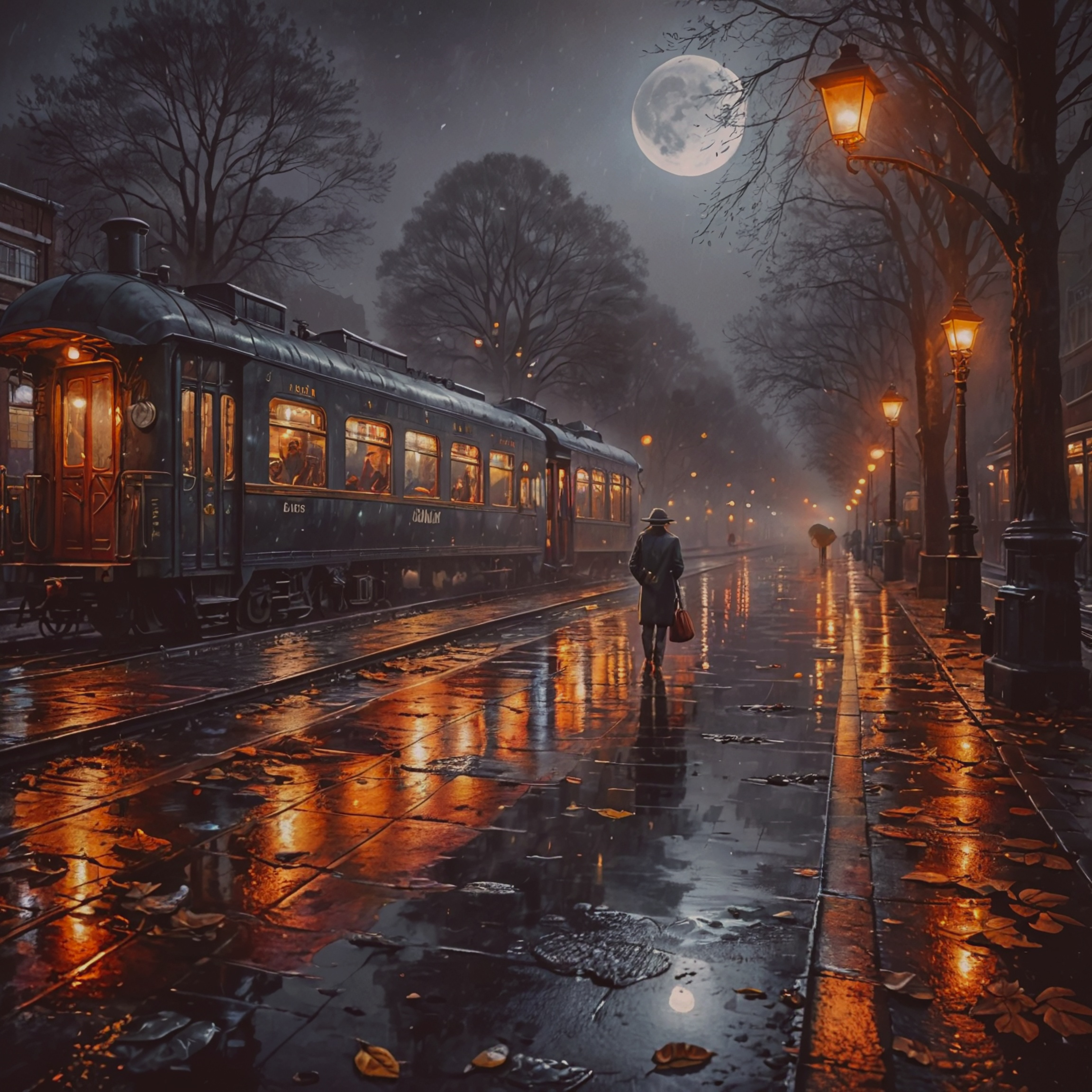train PNG — A lone traveler walks along a rain-slicked street at night beneath a full moon as a vintage train glows warmly beside him.
