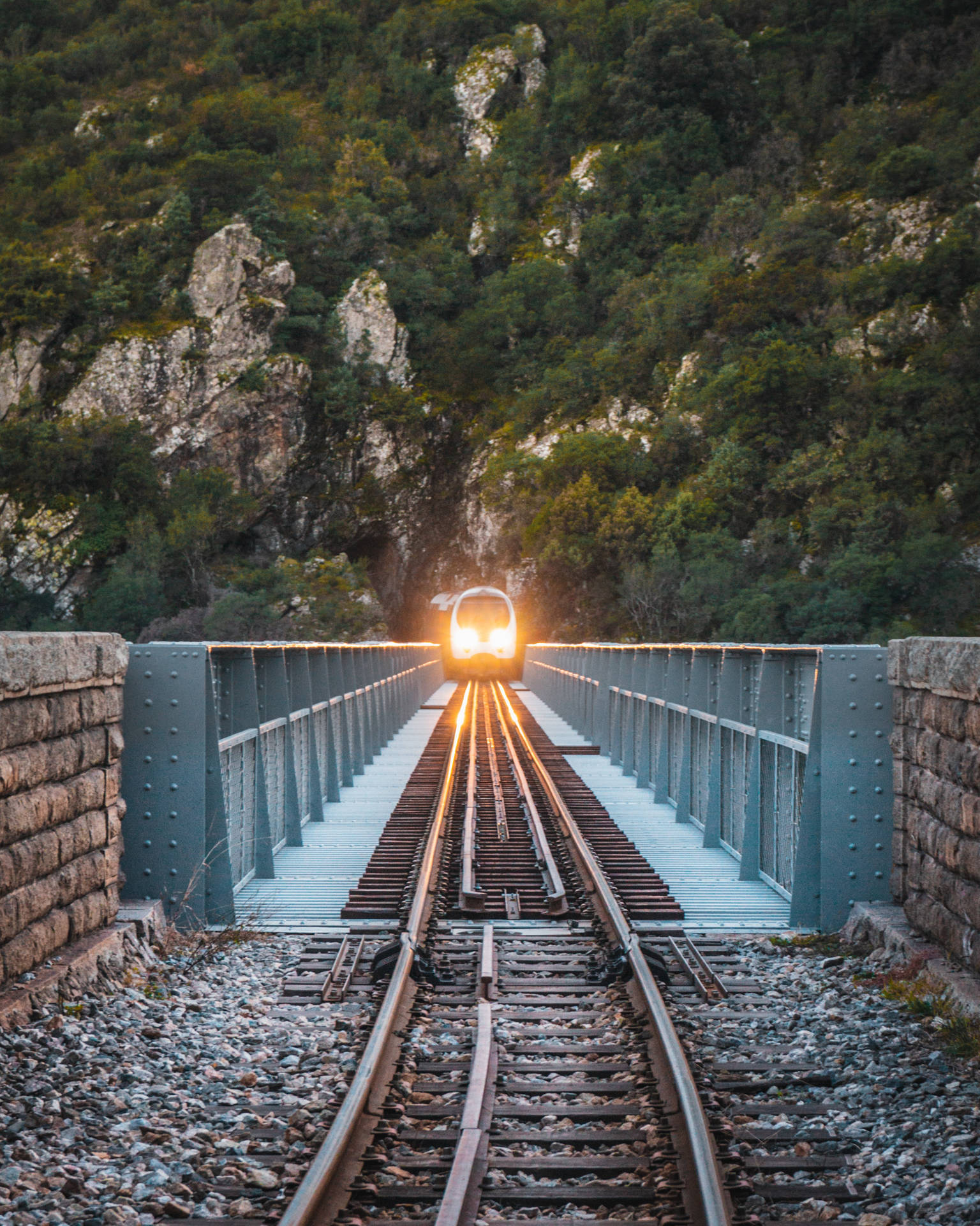 A train speeds across a bridge as it navigates its journey Wallpaper