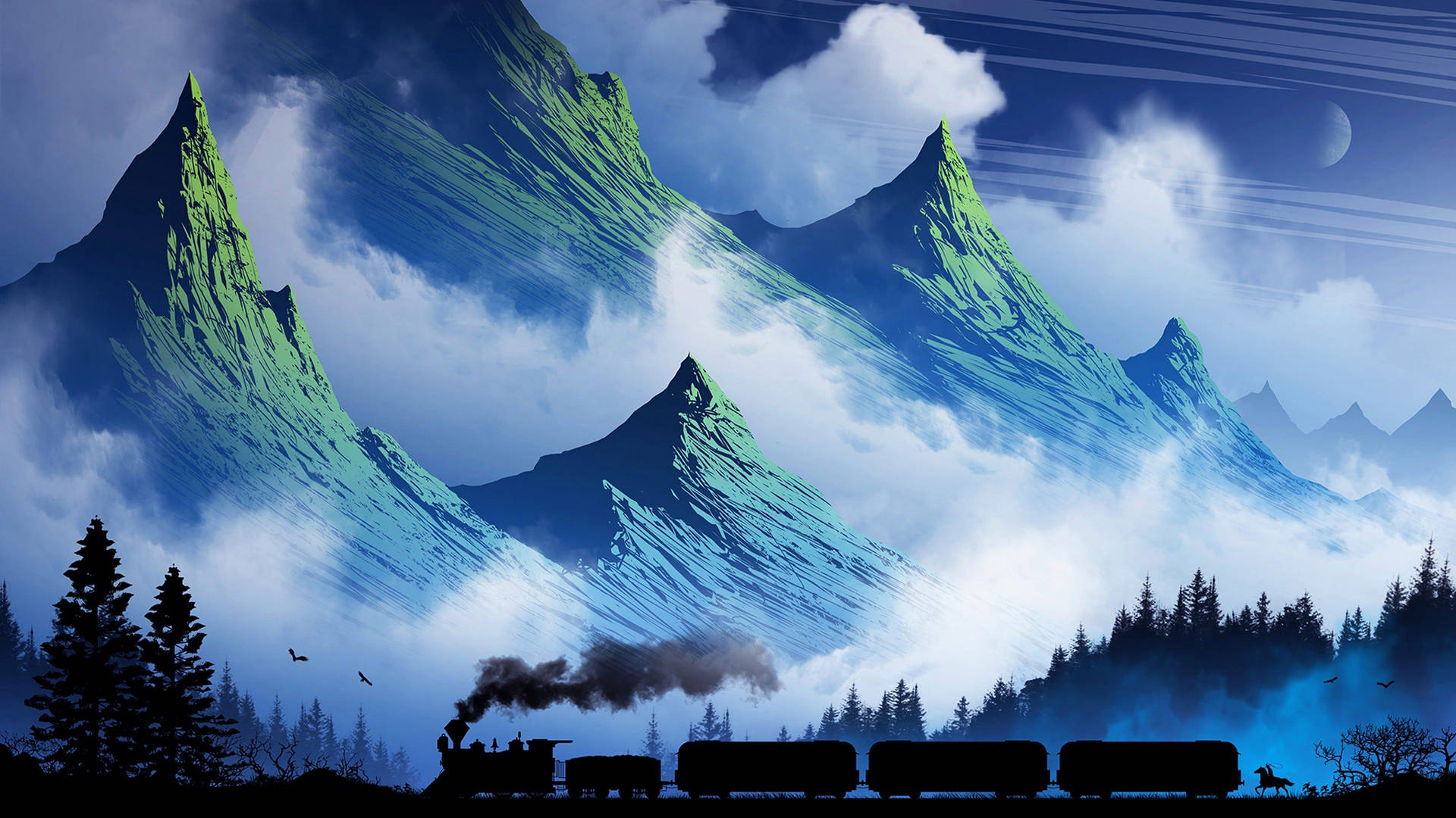 Train Passing Mountains Art Drawing Background