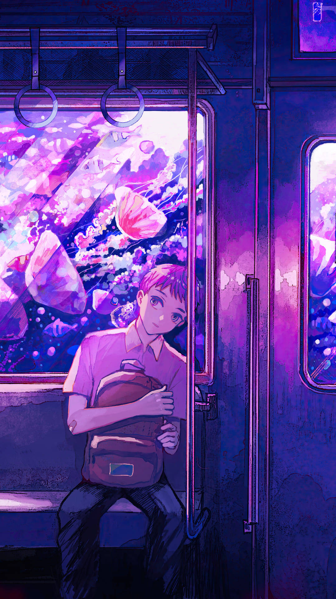 Tag et togtur anime dreng trist æstetisk. Wallpaper