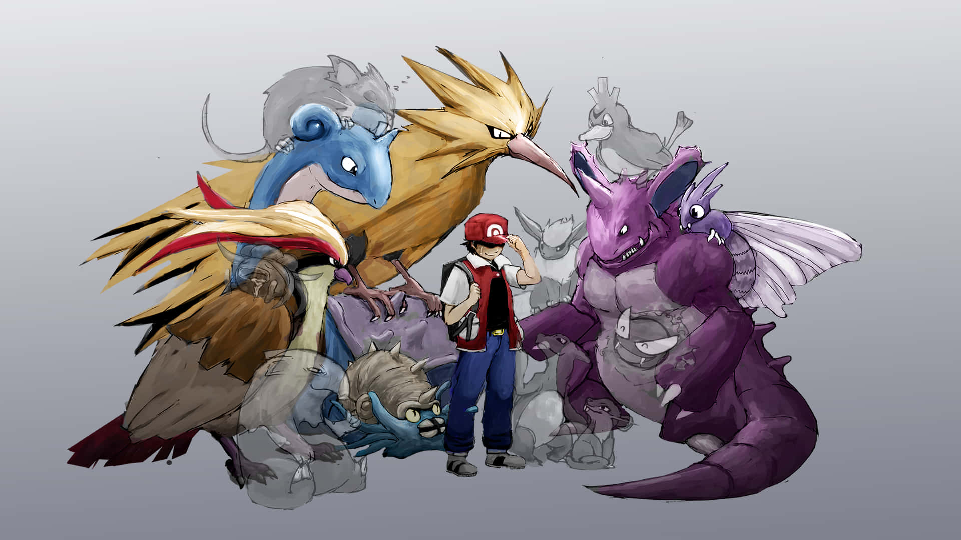 Trainer Red With Venomoth And Other Pokémon Wallpaper