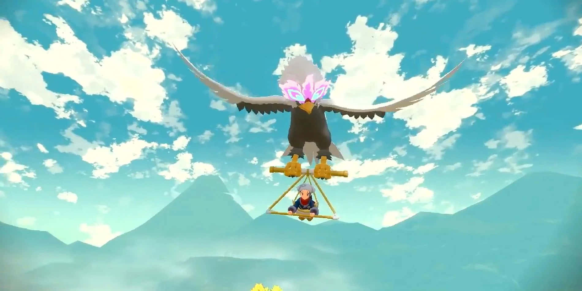 Trainer Riding A Glider Carried By Braviary Wallpaper