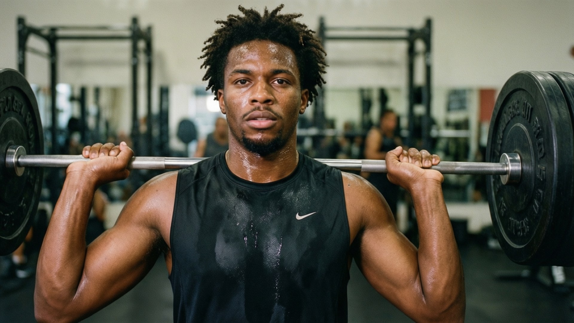 A sweaty man lifting a barbell in a gym with focused expression.