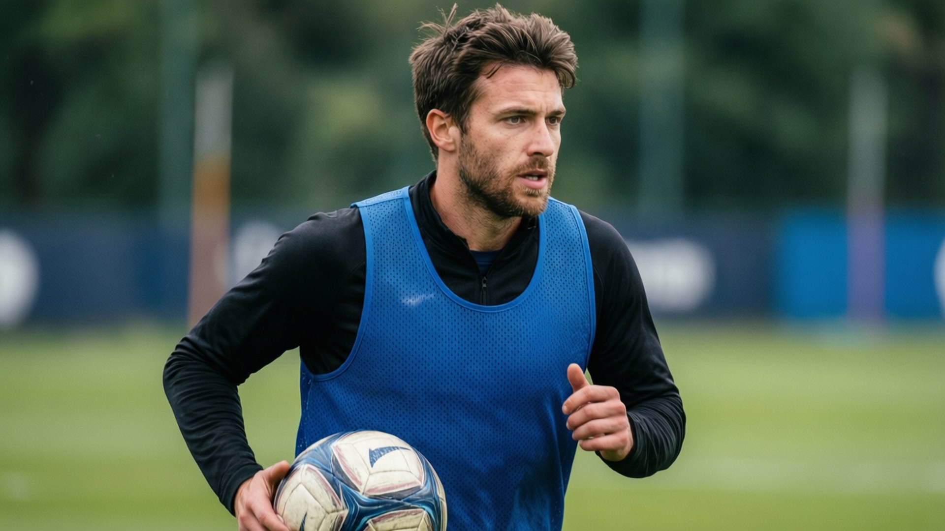 Natural training shot of Lenglet running with ball in morning light.