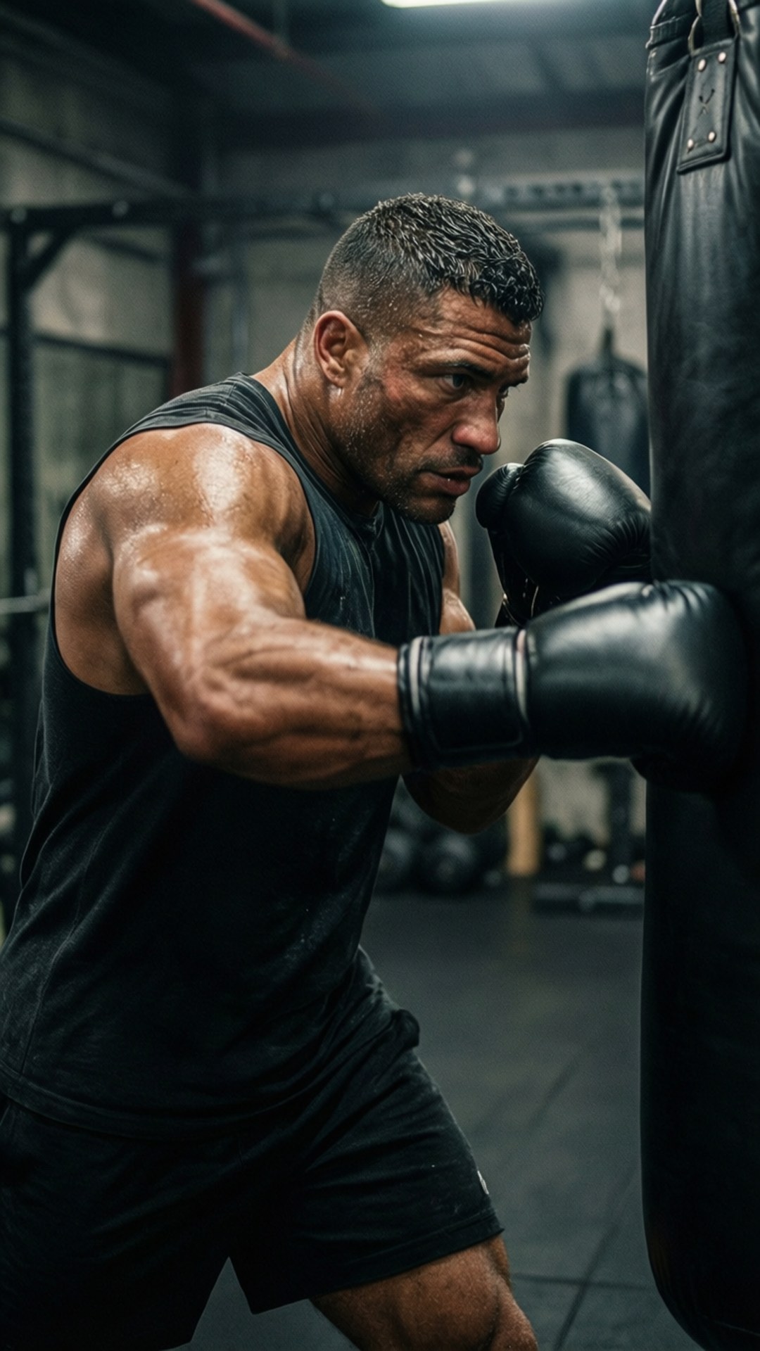 Adonis Creed træner på en tung sæk i et svagt oplyst træningscenter