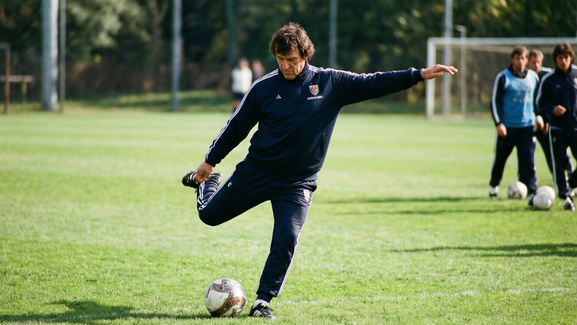 Ferenc Puskás during a training session, practicing free kicks.