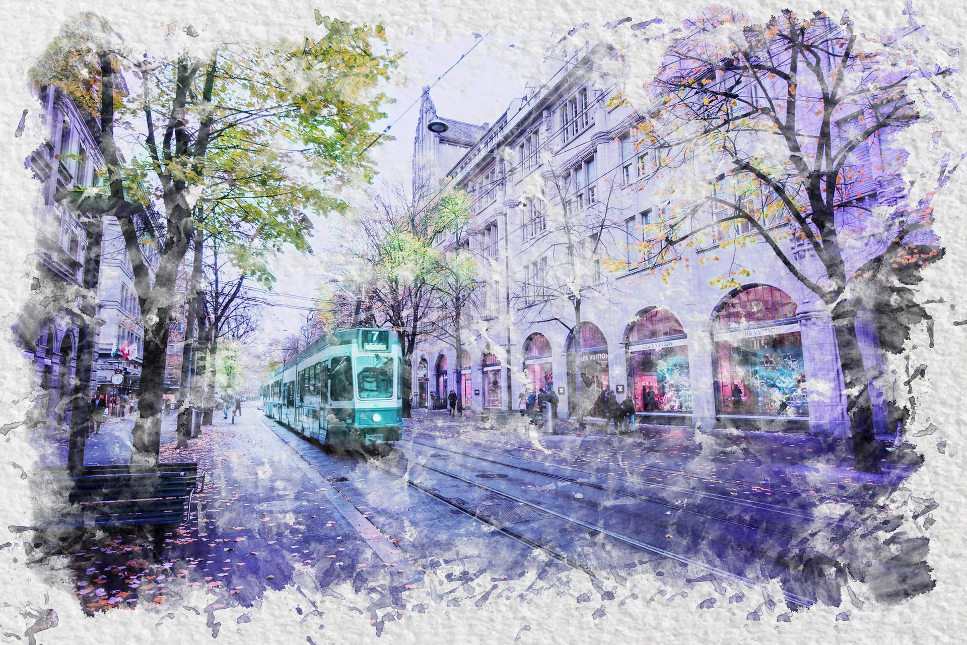 Tram In City Painting Desktop Wallpaper