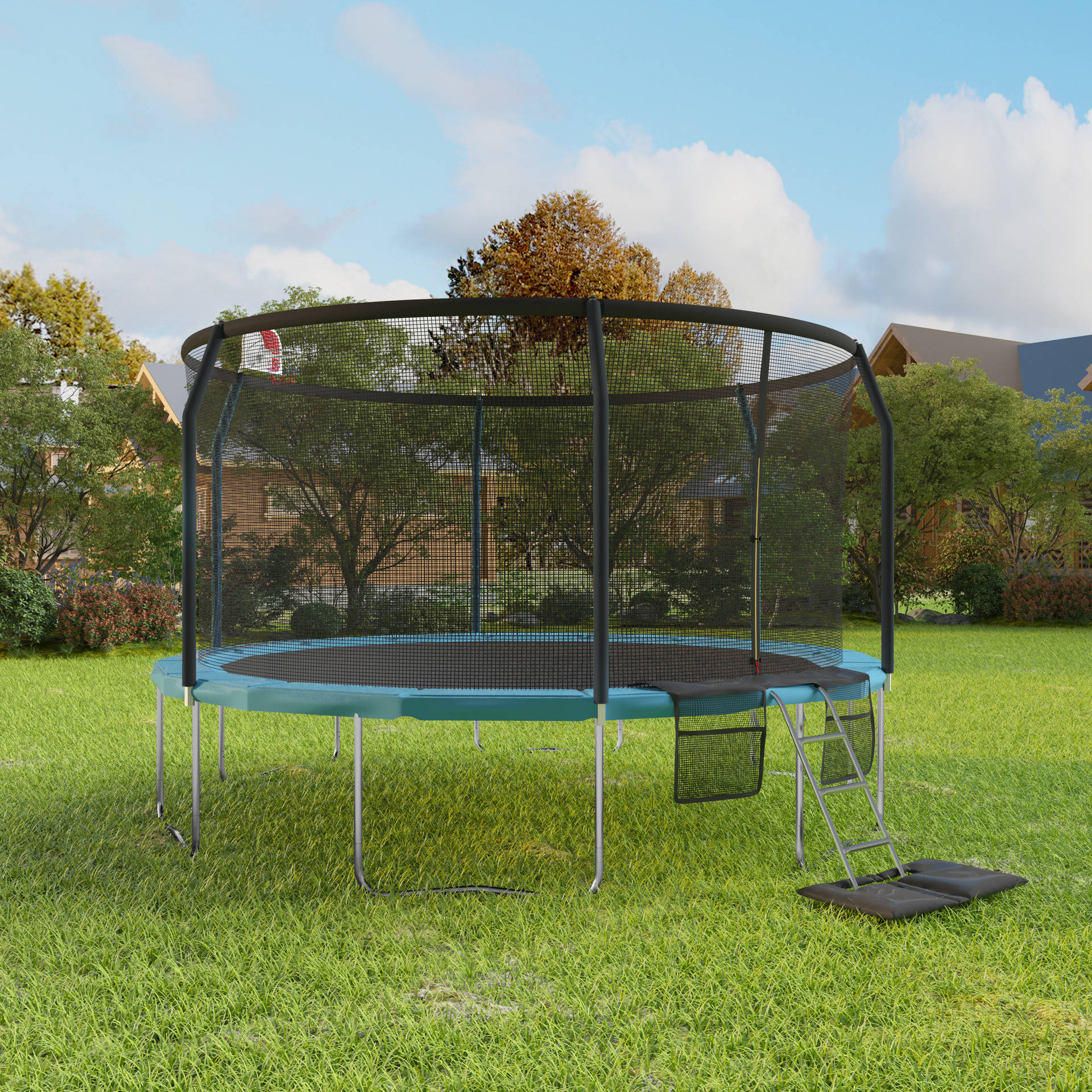 Trampoline With Safety Net On The Field Wallpaper