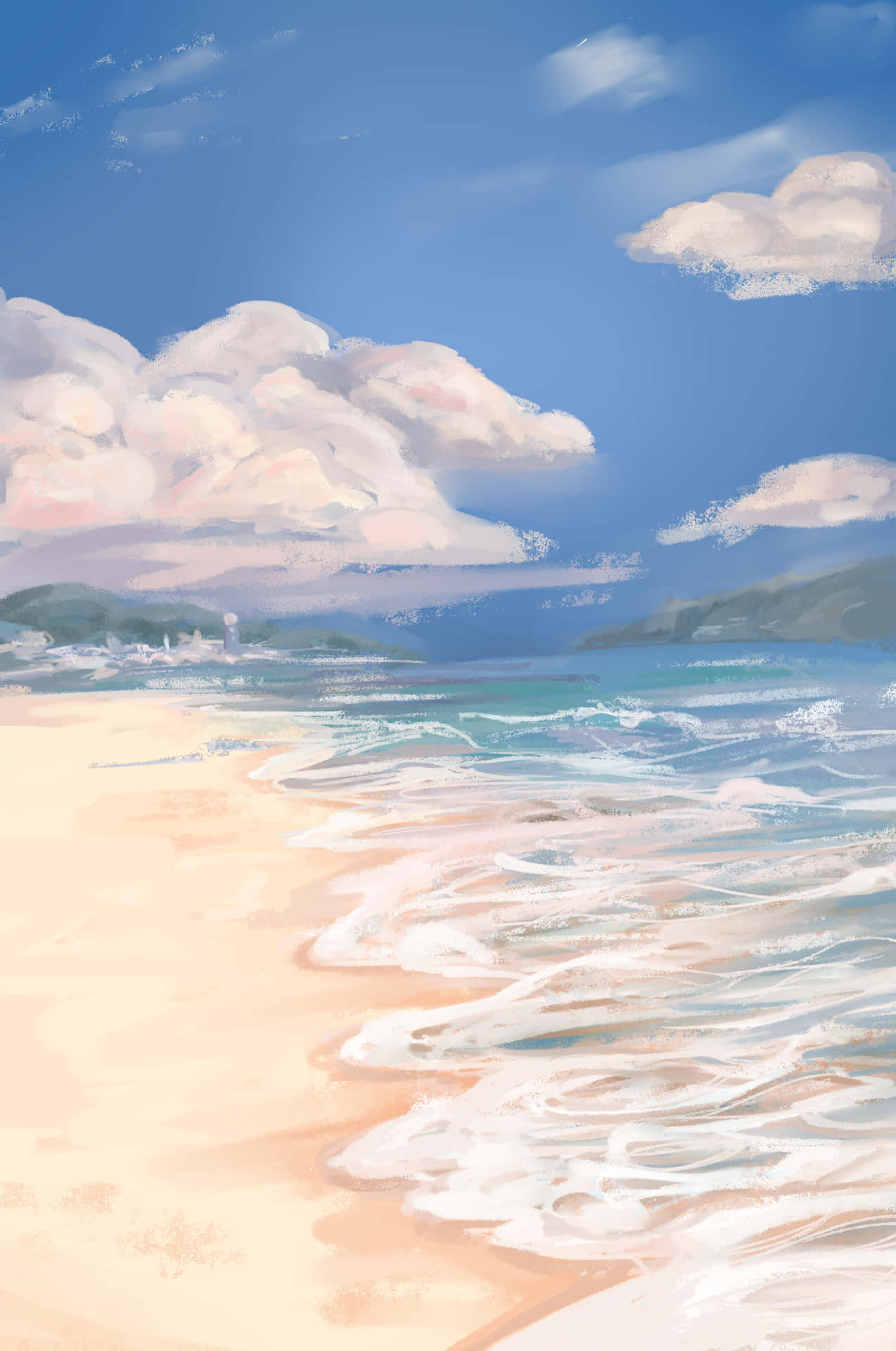 Tranquil Beach Sunset Painting Wallpaper