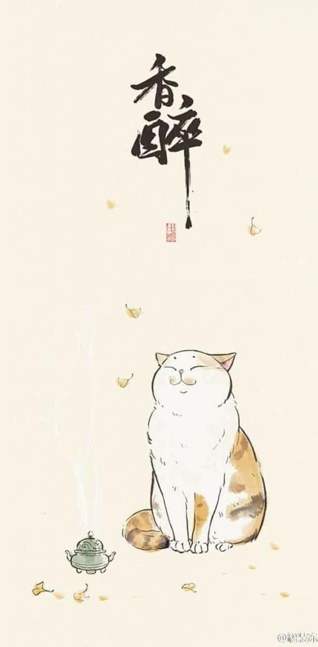 Tranquil Catwith Incenseand Kanji Wallpaper