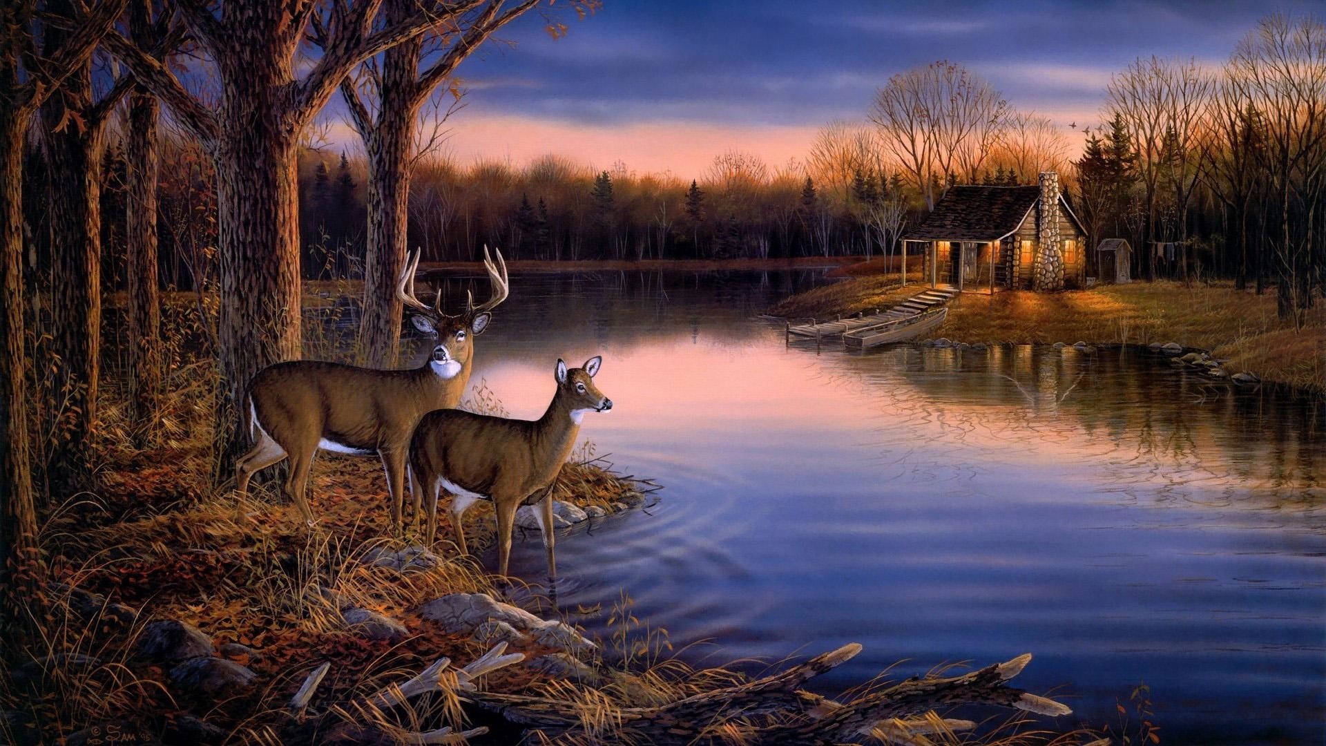 Tranquil Deer Hunting Painting Art Wallpaper