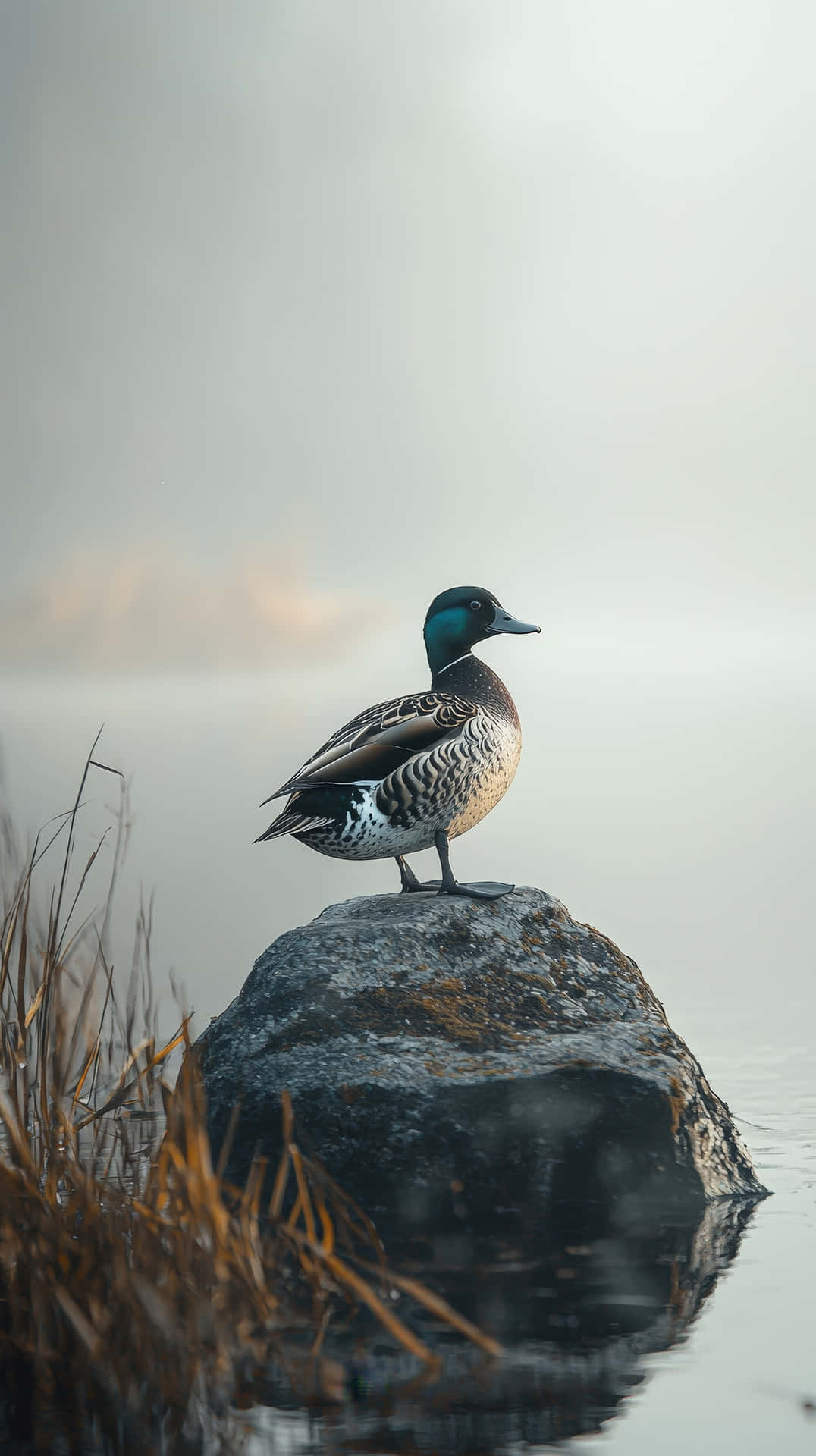Tranquil Duck Perched On A Rock In A Misty Lake At Dawn Wallpaper