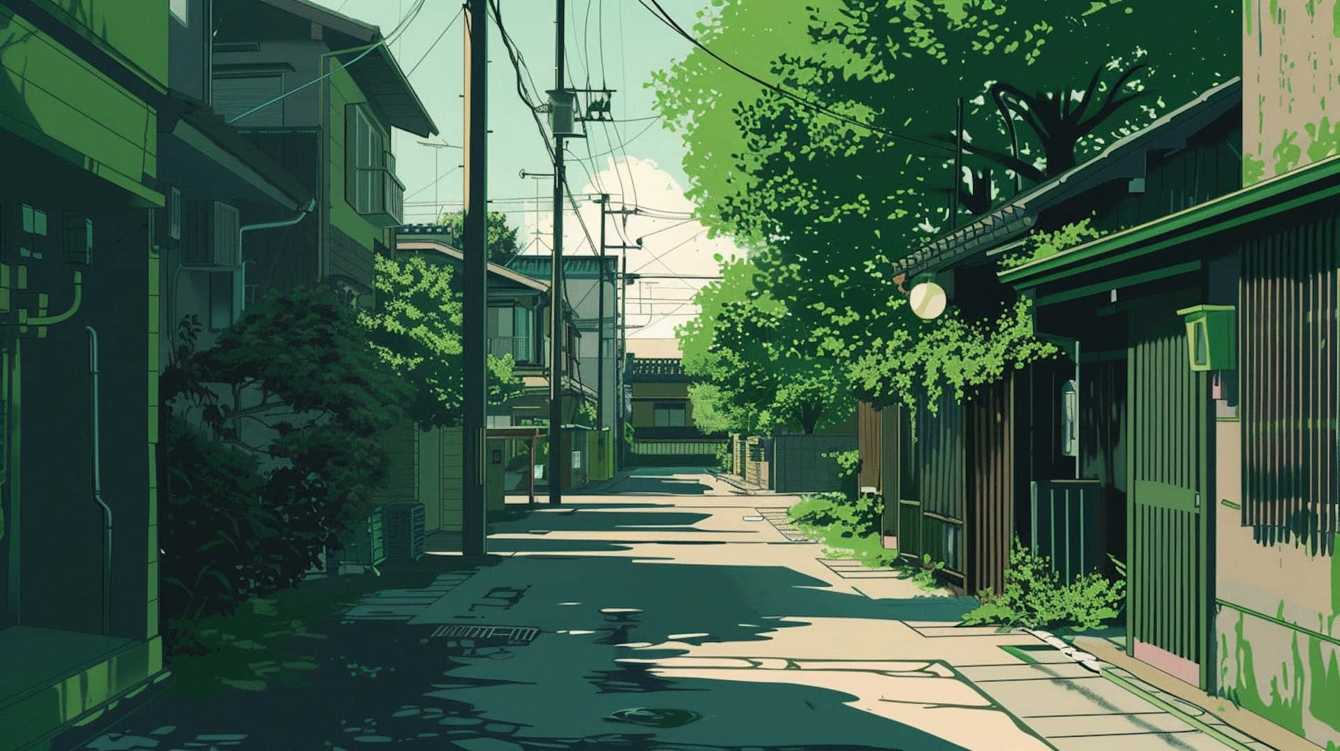 Tranquil Green Street Anime Style Wallpaper