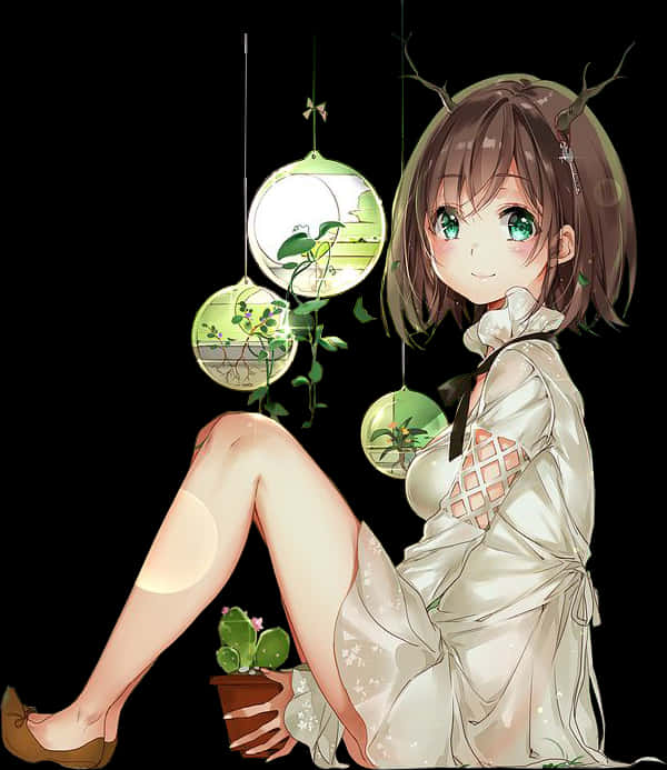 Tranquil Greenery Anime Girl PNG