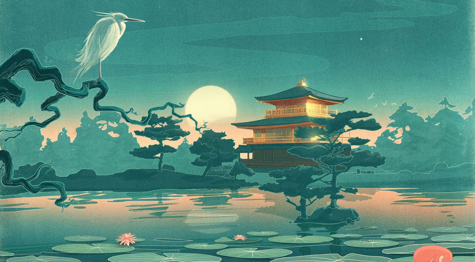 Tranquil Lake Pagoda Moonrise Wallpaper