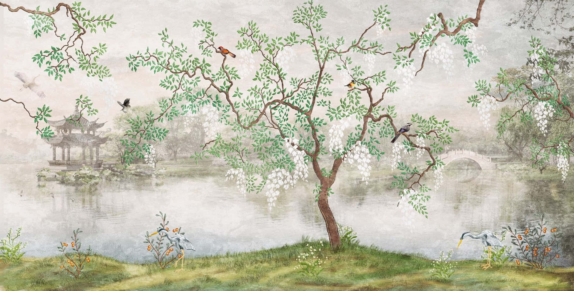 Tranquil_ Lake_with_ Blooming_ Trees_ Mural Wallpaper