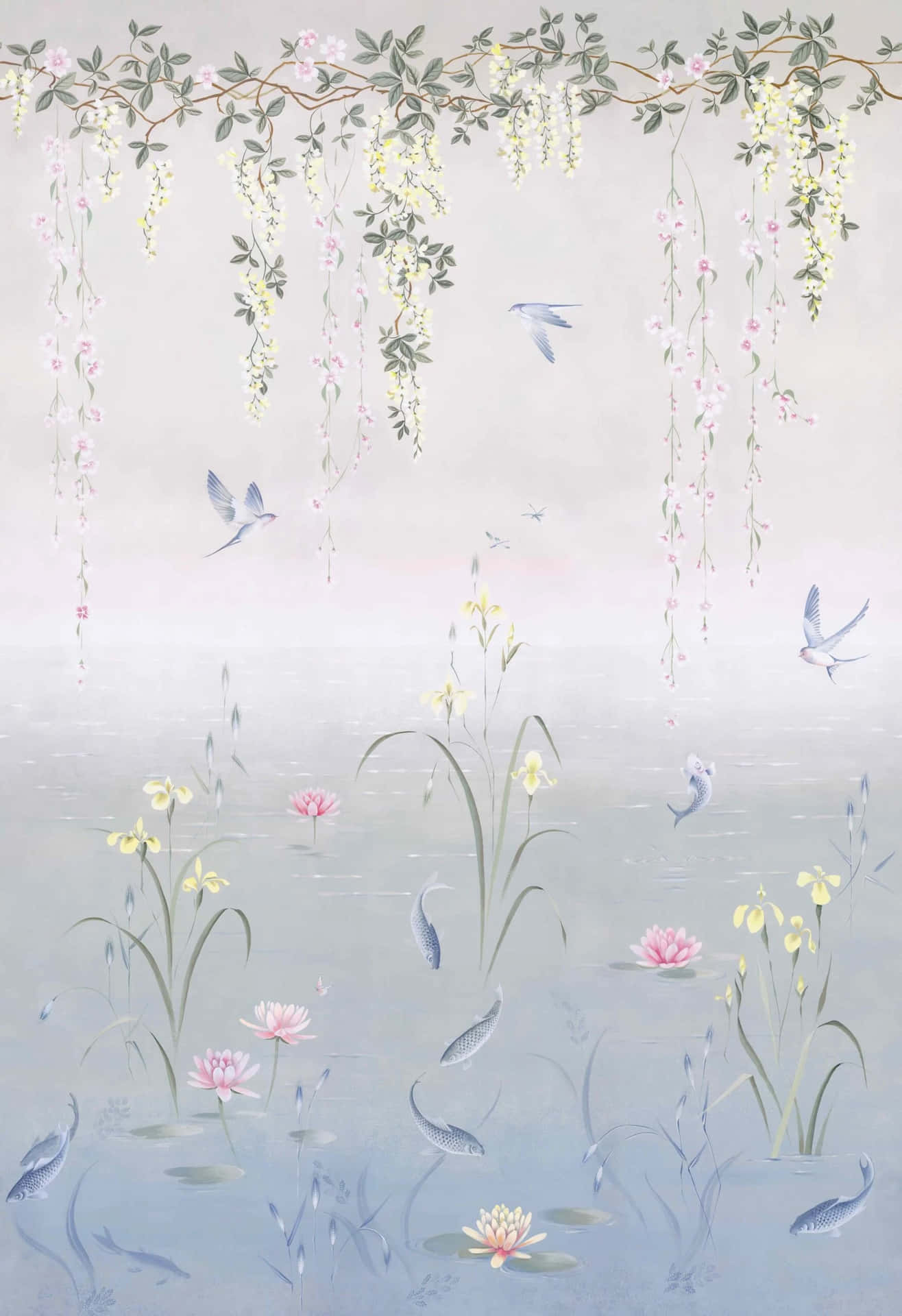 Tranquil Lakeand Floral Canopy Wallpaper