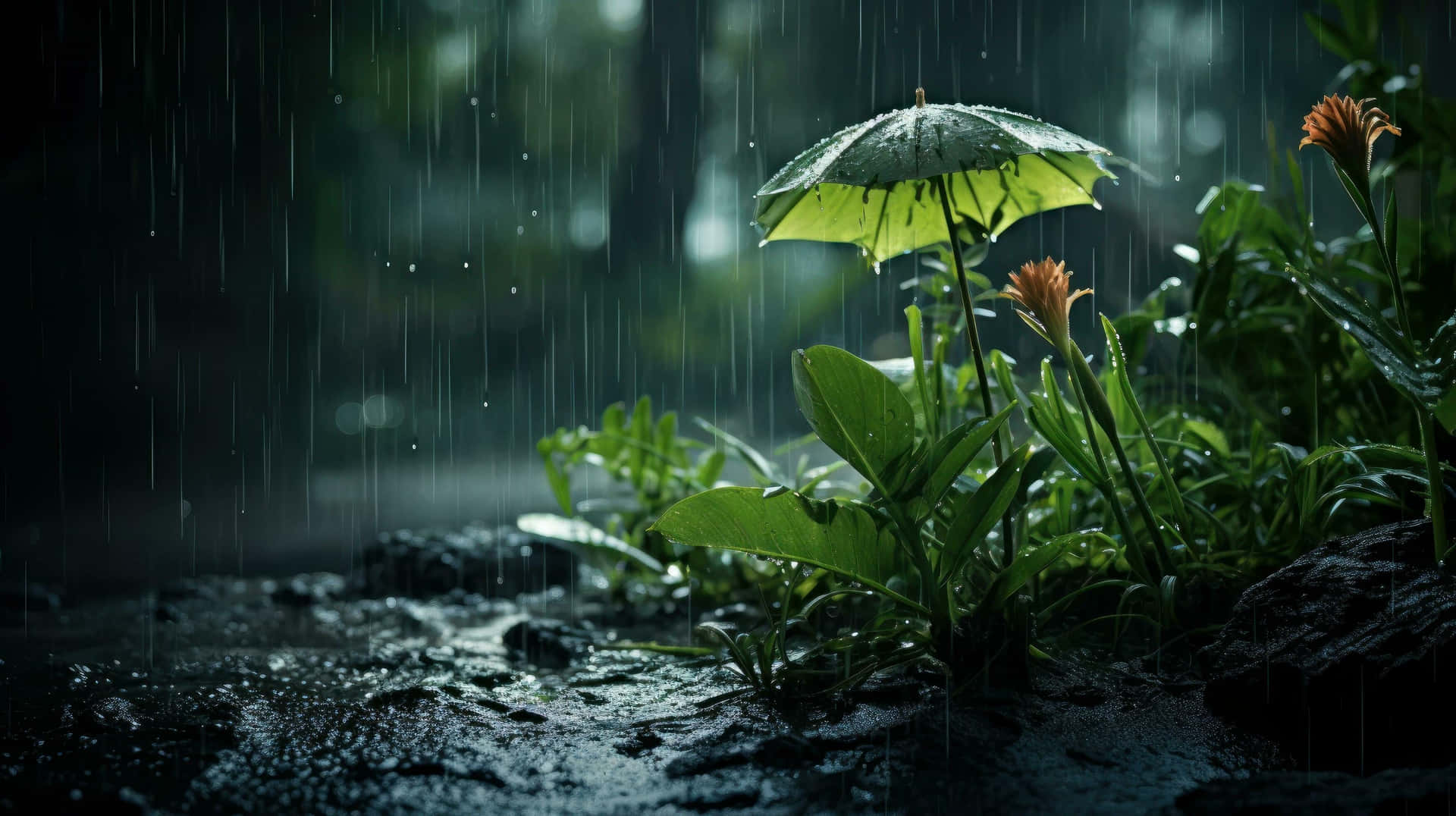 Tranquil_ Rainy_ Garden_ Umbrella.jpg Wallpaper