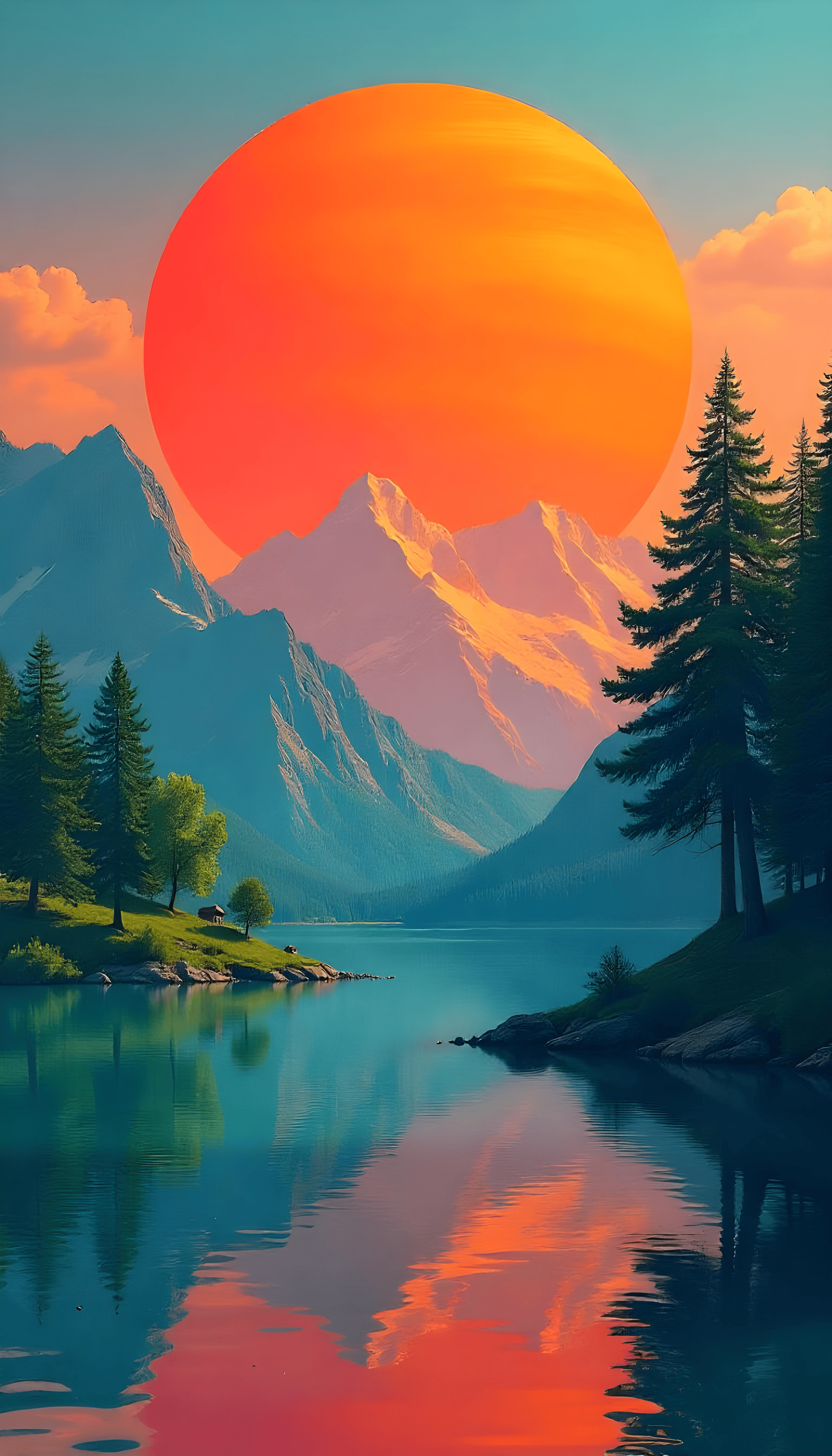 Tranquility PNG — A colossal orange sun rises behind snowcapped mountains casting fiery reflections on a calm lake surrounded by evergreen trees.