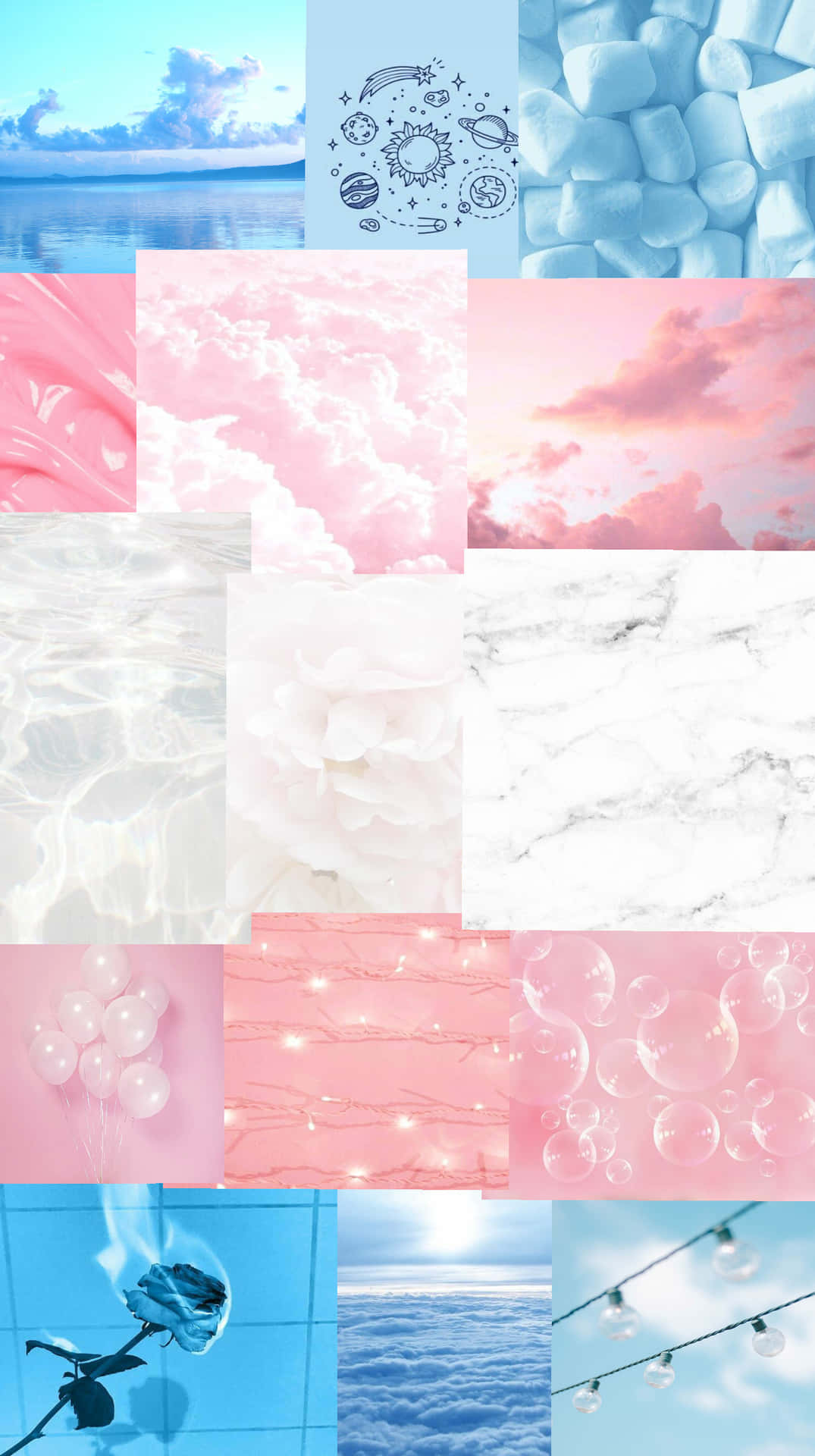 En collage af billeder af blå og pink blomster Wallpaper