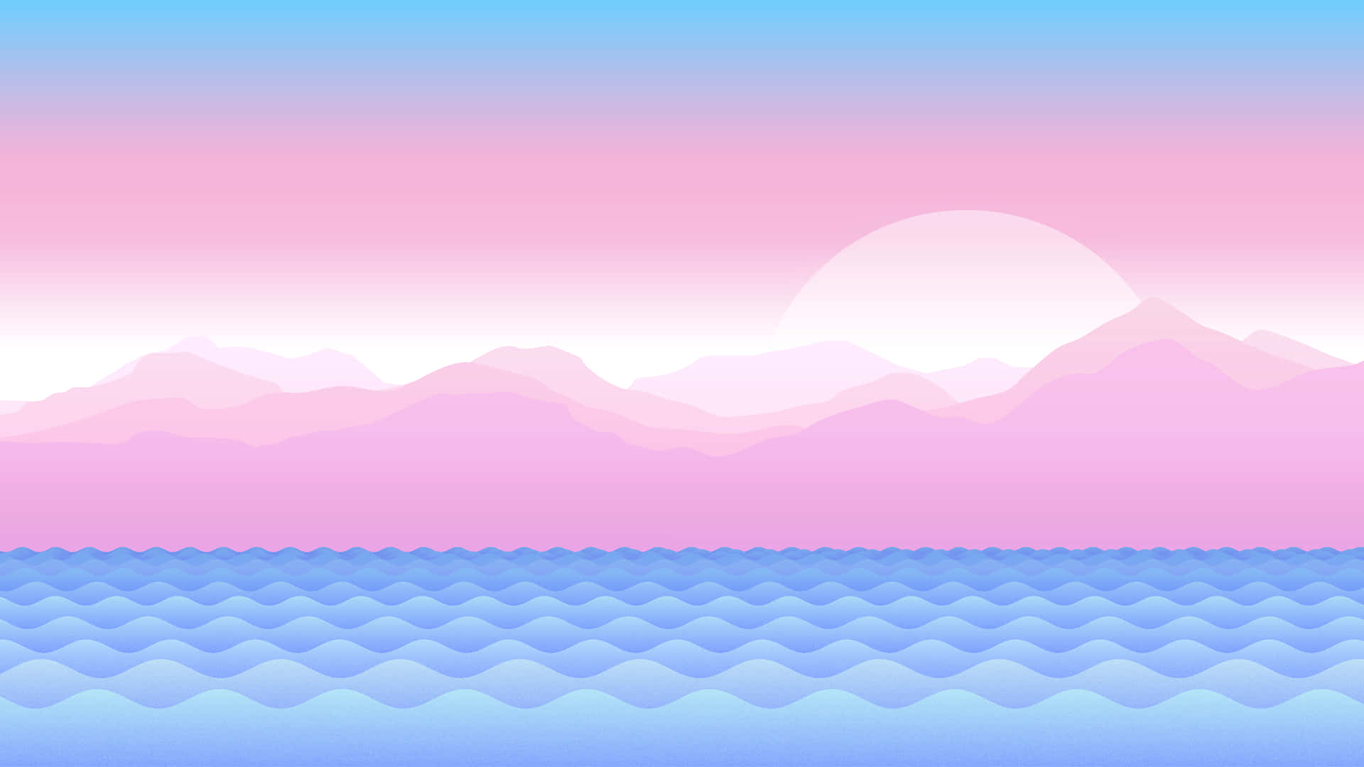 En pink og blå hav med bjerge og bølger Wallpaper
