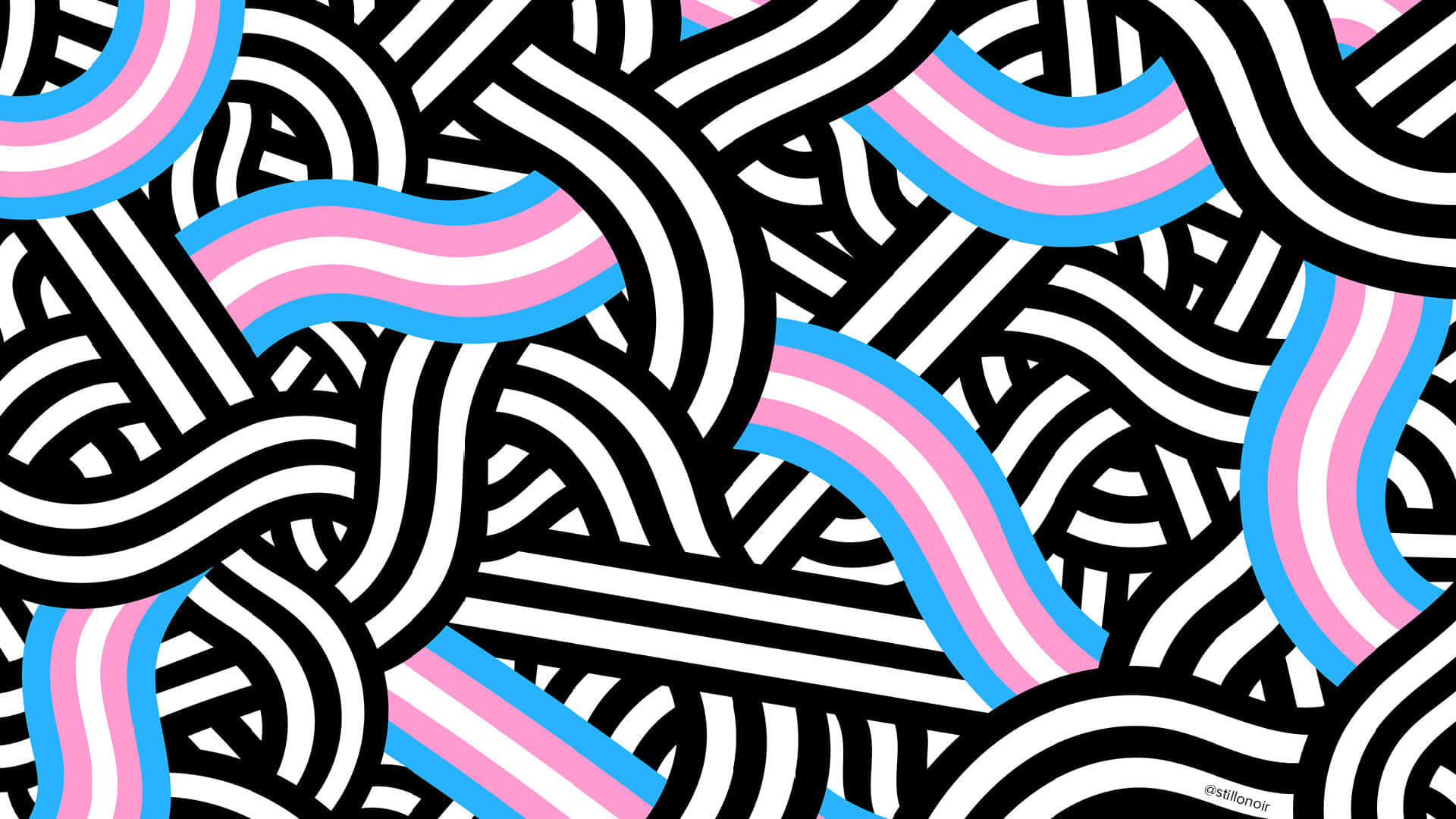 En sort og hvid abstrakt mønster med pink og blå linjer Wallpaper