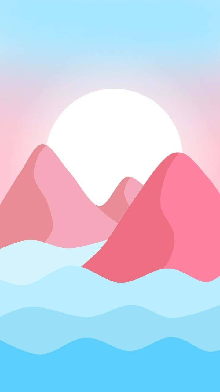 En pink og blå bjerg med bølger i baggrunden. Wallpaper