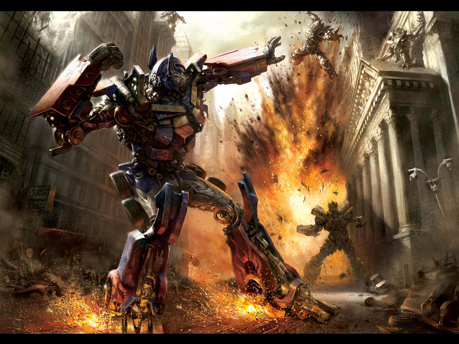 An Autobot taking on Decepticons in the middle of a city
