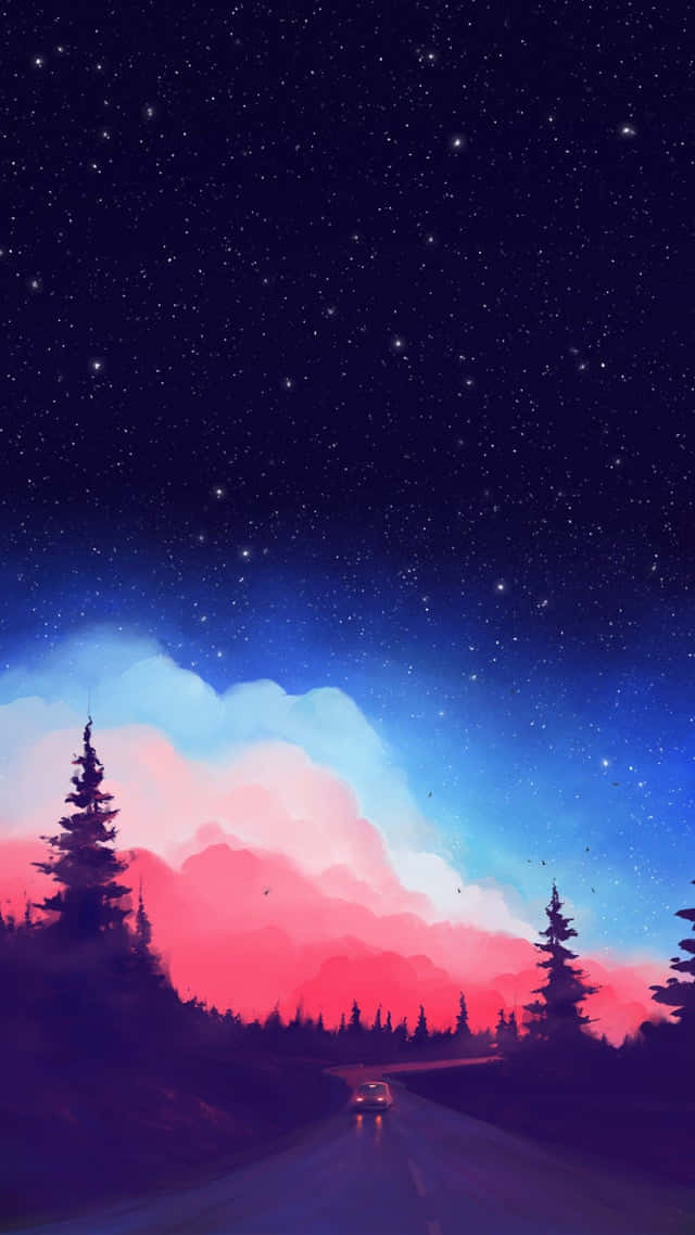 A Painting Of A Night Sky With Trees And Stars Wallpaper