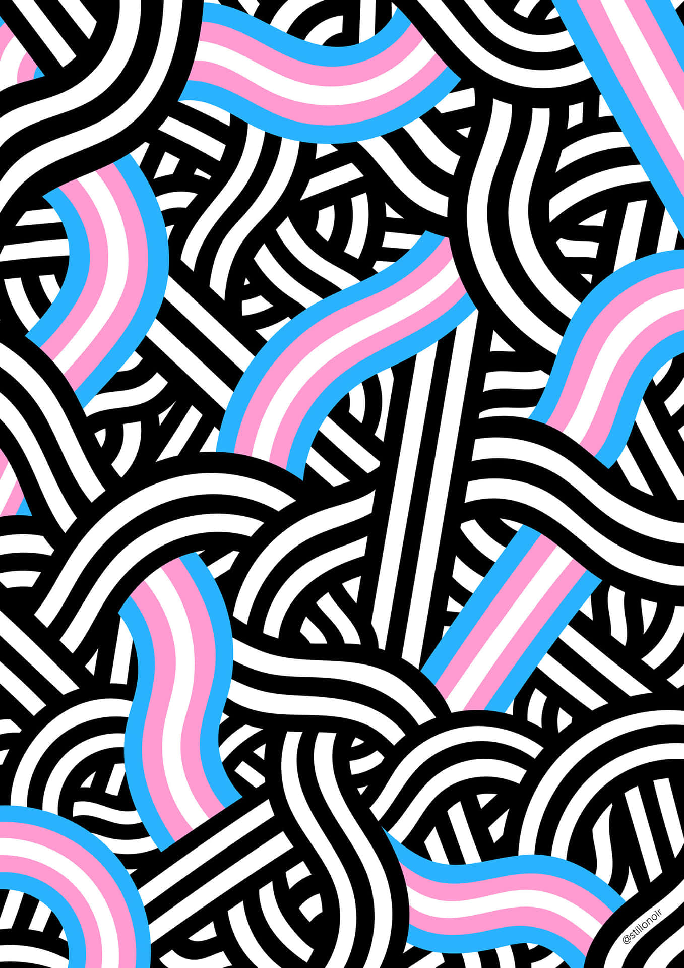 En sort og hvid mønster med pink og blå linjer Wallpaper