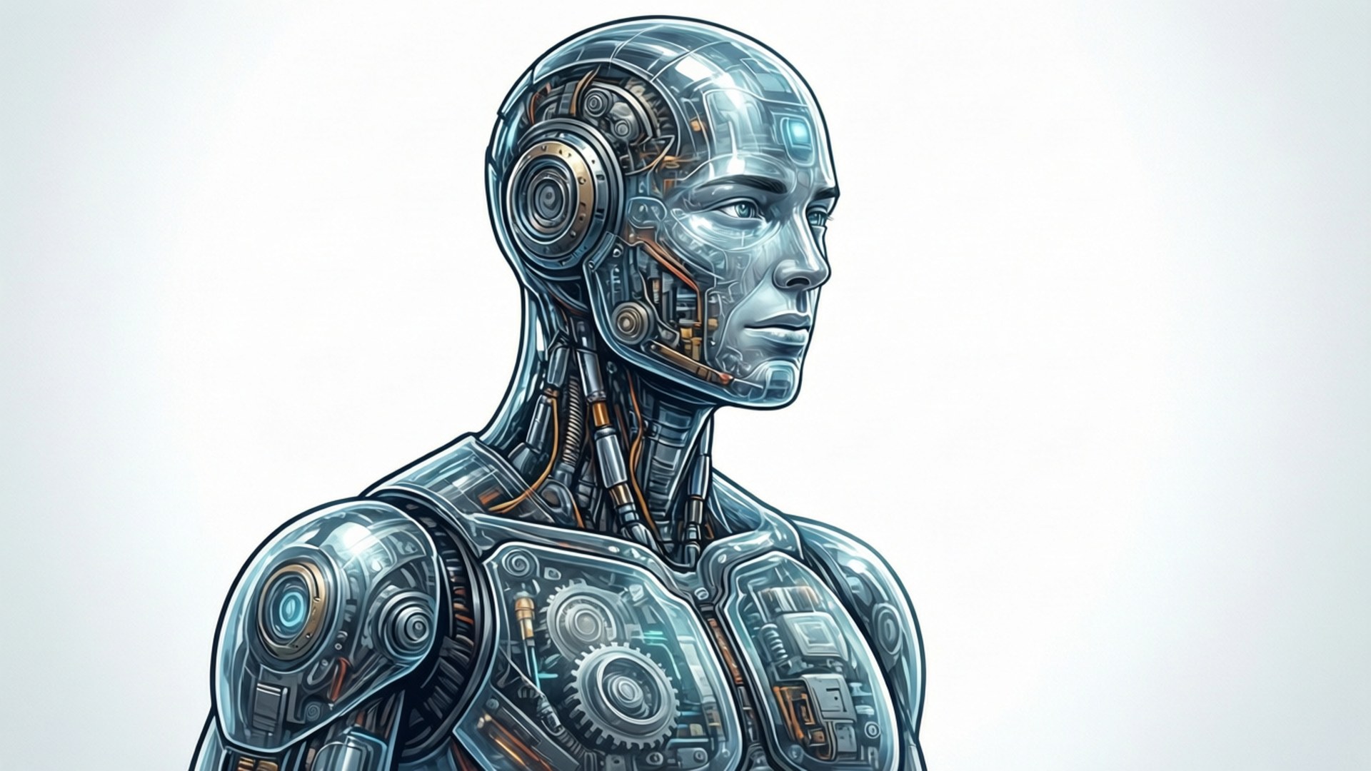 Android with transparent skin revealing internal mechanics, vector art.
