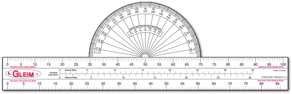 Transparent Navigation Plotter Protractor PNG — A black and white Gleim protractor with dual scales and measurement markings on a clean background.