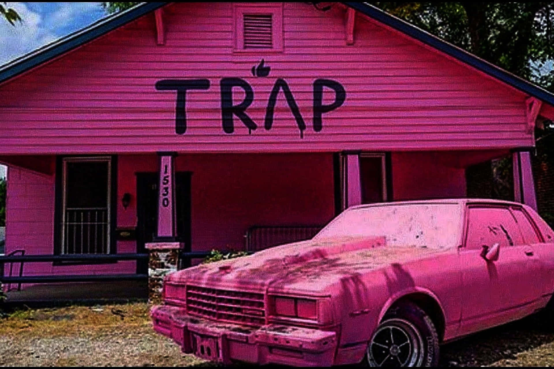 A Pink Car Parked In Front Of A Pink House Wallpaper