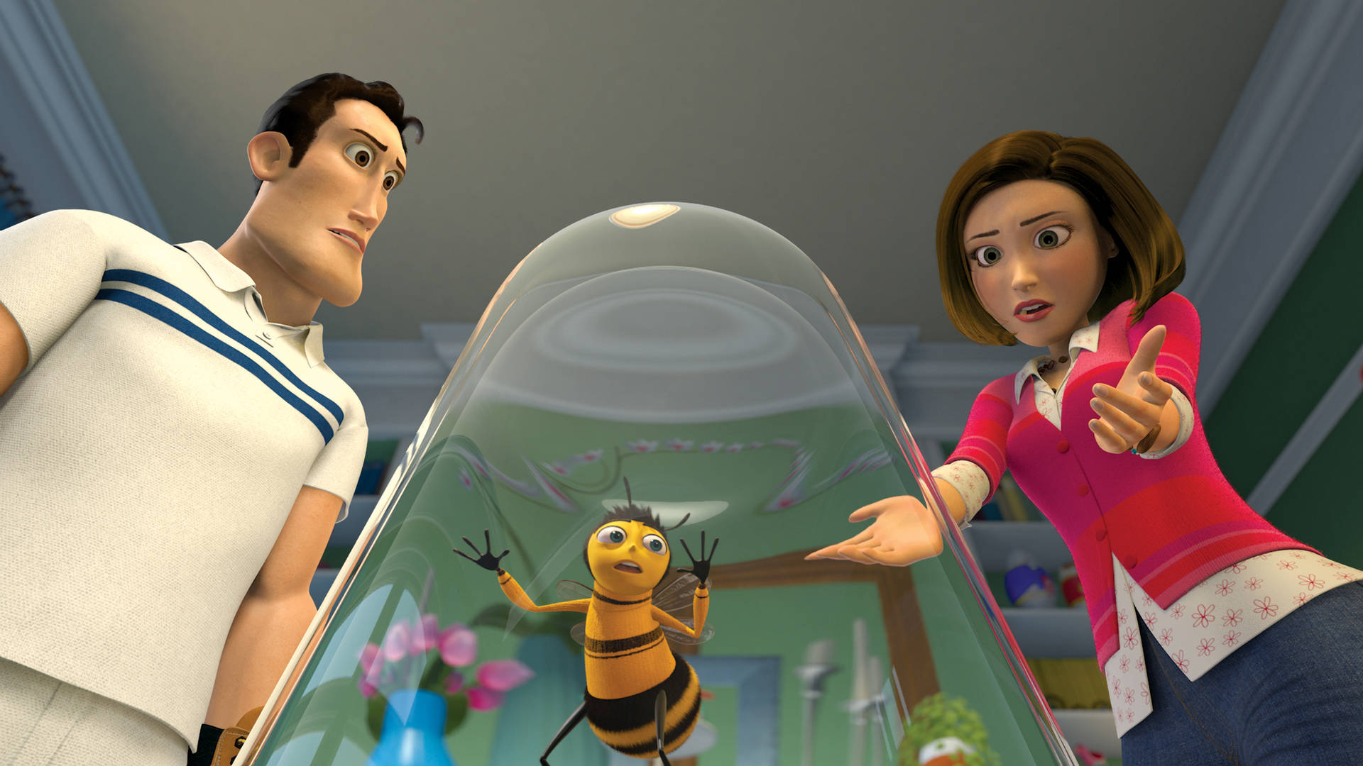 A Man And Woman Are Standing Next To A Bee In A Glass Wallpaper