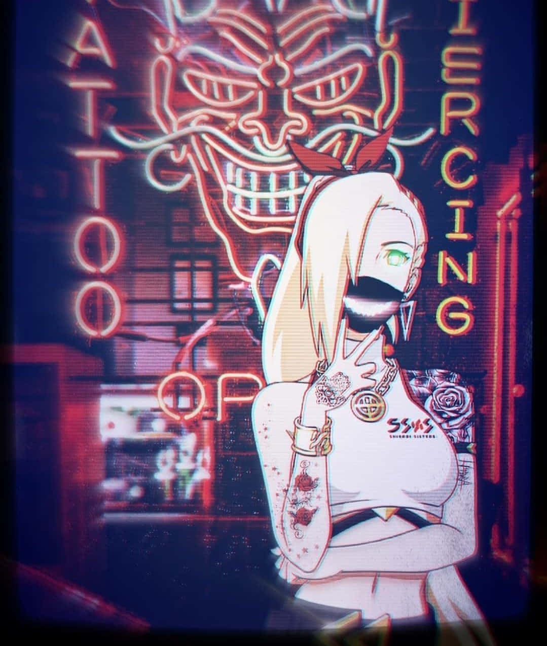 En pige med tatoveringer og et neon skilt. Wallpaper