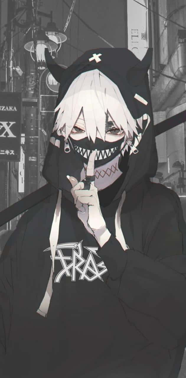 A Black And White Anime Character With A Hoodie Wallpaper