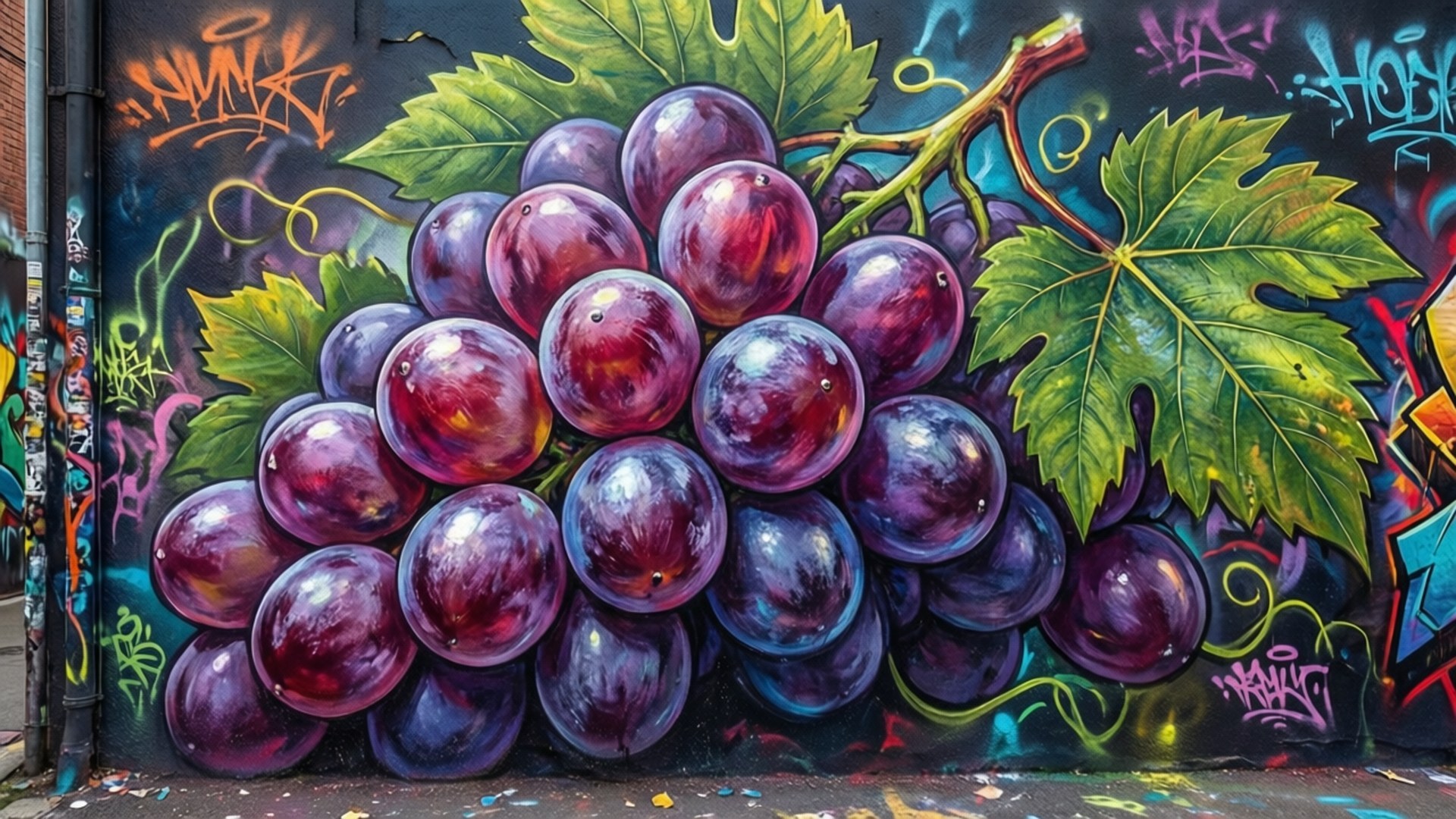 Grape Graffiti Wallpaper — A vibrant graffiti mural depicts a hyperrealistic cluster of purple grapes with green leaves against a dark wall covered in colorful tags.