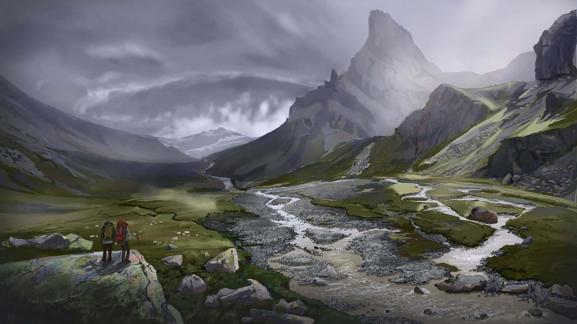 En maleri af et bjerg med en flod i baggrunden. Wallpaper